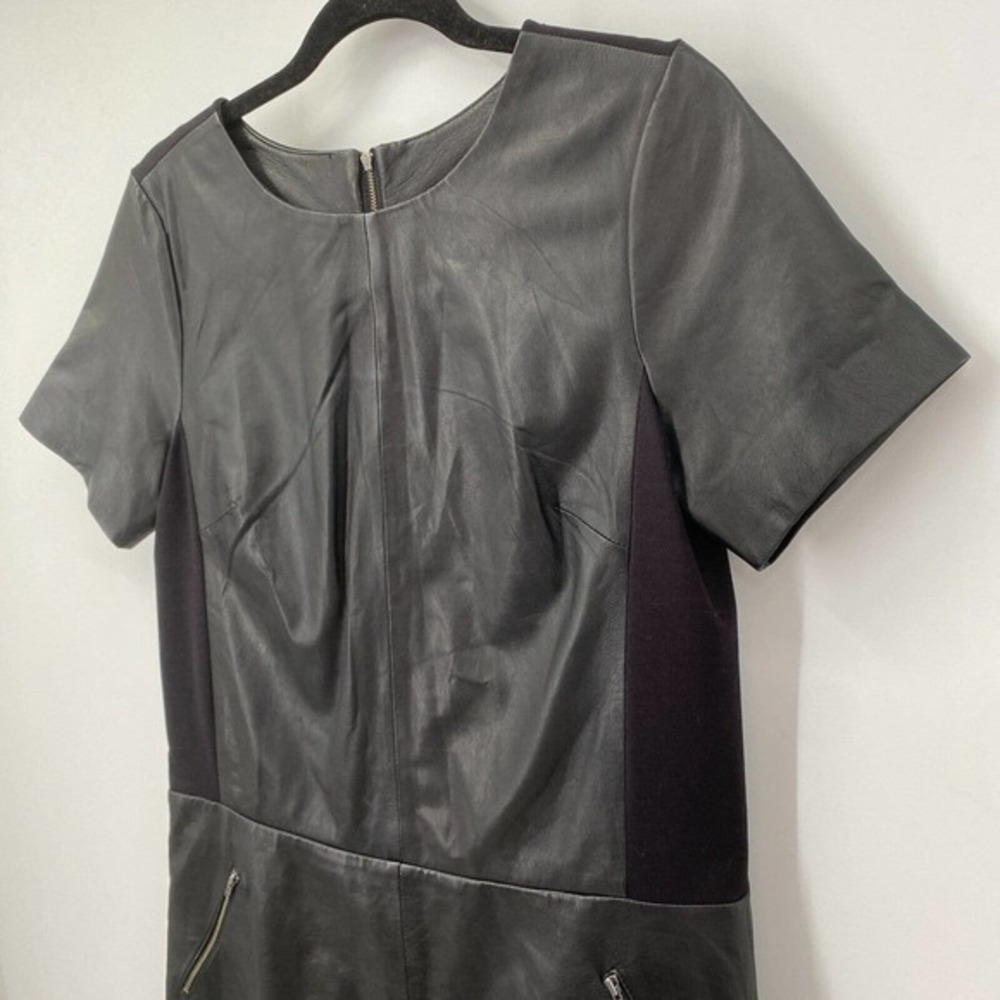 Halogen Black Leather Ponte Knit Shift Dress Size S Exposed Zipper Short Sleeve - Picture 4 of 11